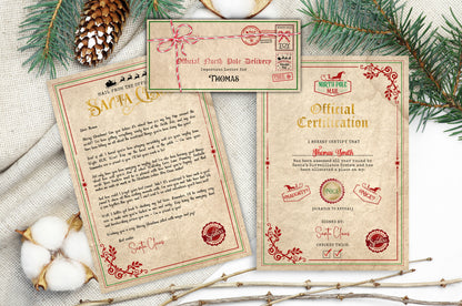 Personalised letter from Santa on coffee-stained paper, featuring gold foil print, a wax seal, and an interactive scratch sticker, customised with a child's name and special details.