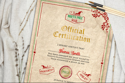 Personalised letter from Santa on coffee-stained paper, featuring gold foil print, a wax seal, and an interactive scratch sticker, customised with a child's name and special details.