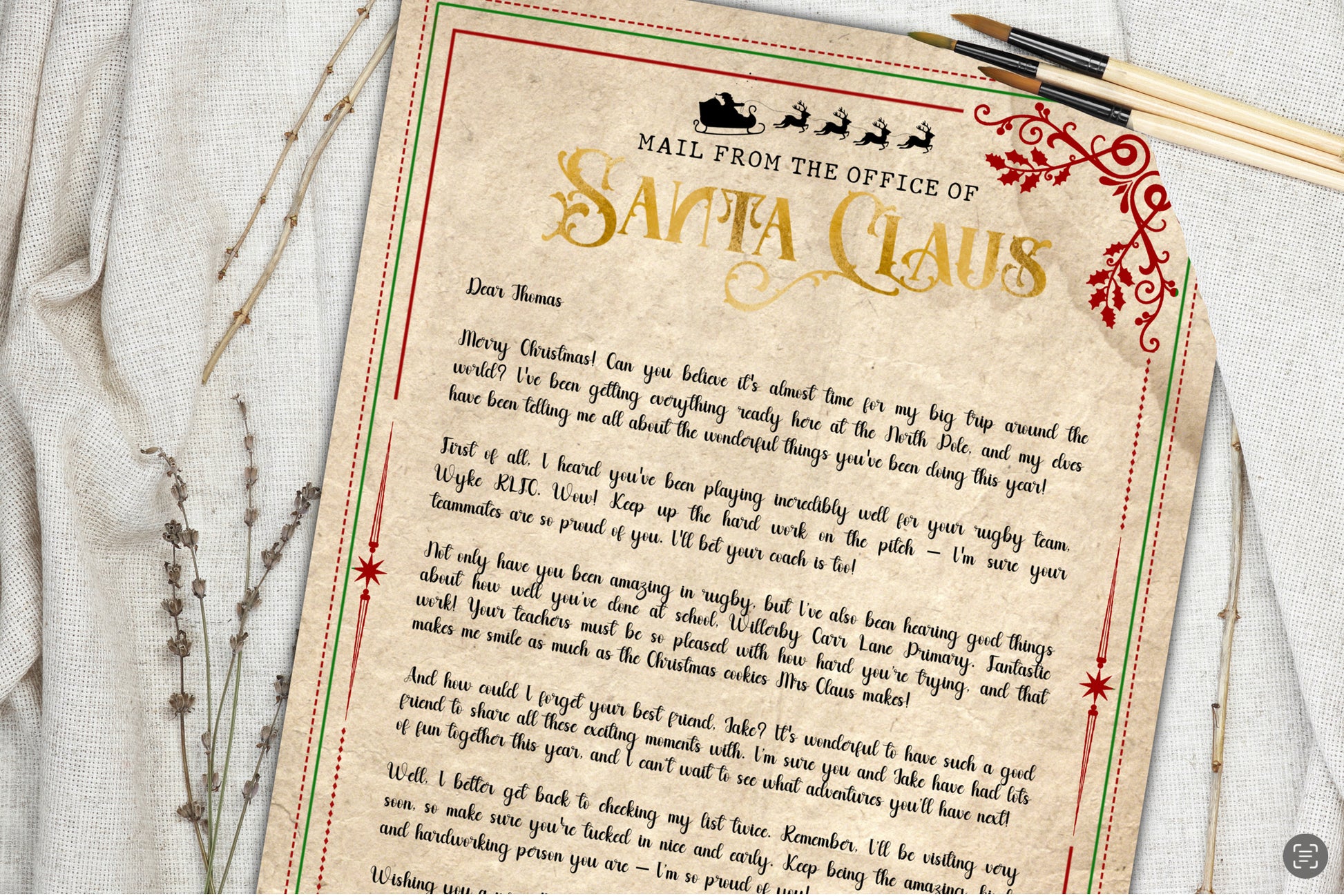 Personalised letter from Santa on coffee-stained paper, featuring gold foil print, a wax seal, and an interactive scratch sticker, customised with a child's name and special details.